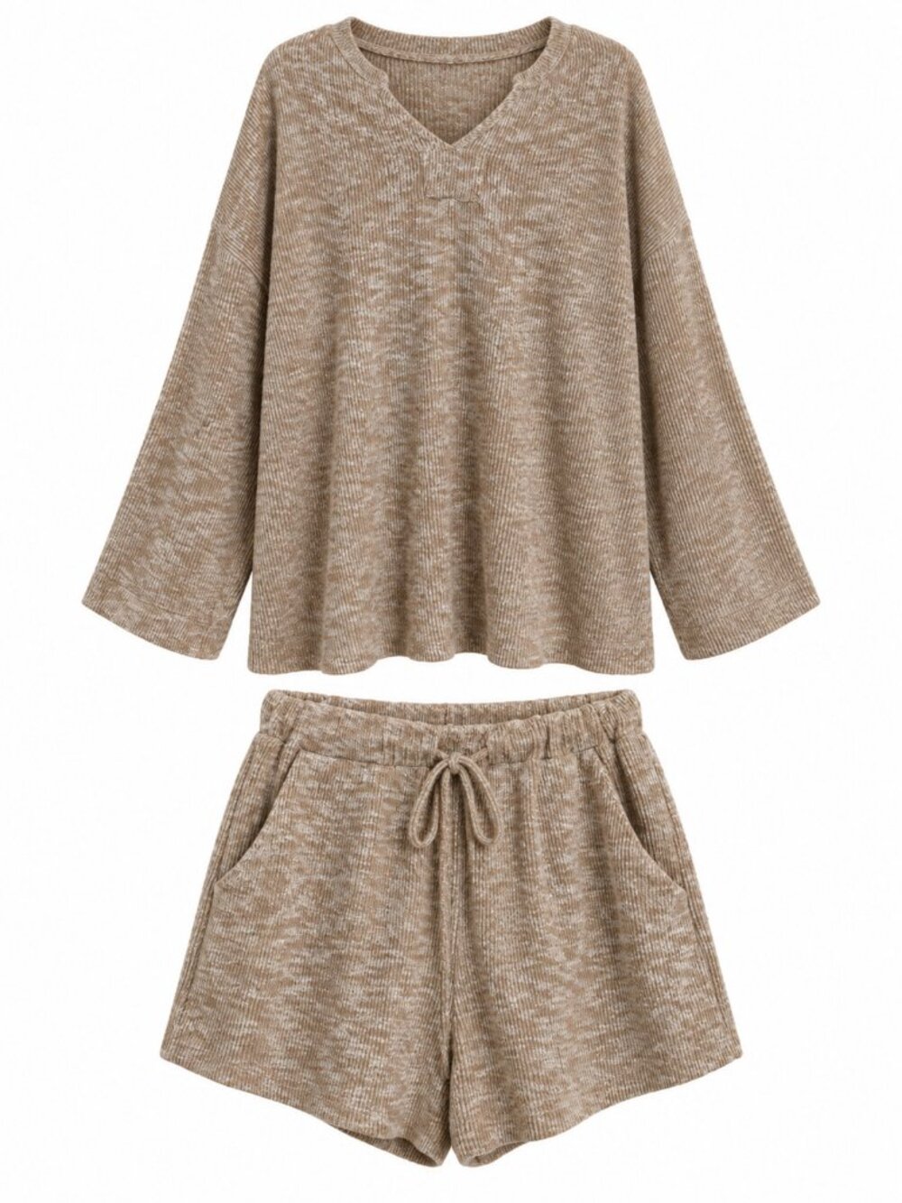 Urban Daizy Tan Knit Lounge Set - V-Neck Top & Drawstring Shorts - M